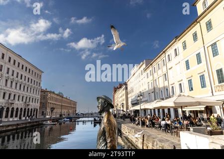 TRIEST, ITALIEN – 19. November 2023: Möwen umkreisen die Statue des irischen Schriftstellers James Joyce auf der Brücke von Ponte Rosso in Triest Stockfoto