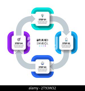 Infografik-Vorlage mit Symbolen und 4 Optionen oder Schritten. Quadrate in einer Schleife. Kann für Workflow-Layout, Diagramm, Banner und Webdesign verwendet werden. Vektorillustr Stock Vektor