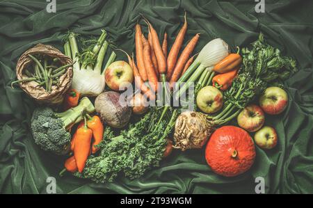 Verschiedene Erntegemüse aus dem Garten: Grüne Bohnen, Kürbis, Äpfel, Brokkoli, Karotten, Grünkohl, Fenchel, Paprika. Draufsicht Stockfoto