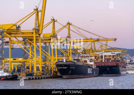 Triest, Italien – 2023, 19. November: Industrielles Containerfrachtschiff mit funktionierender Kranbrücke in der Werft in Triest Stockfoto