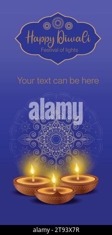 Happy Diwali ( Festival der Lichter) Vektor Illustration mit Mandala Kreis Design und drei Öl Diya. Stock Vektor