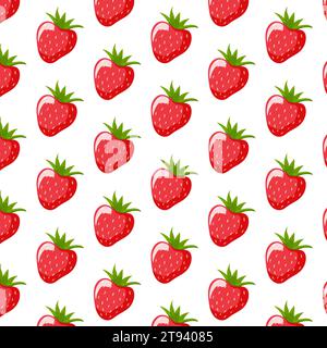 Nahtloses Muster im Cartoon-Stil mit Erdbeeren. Handgezeichneter Hintergrund mit Beeren für Textilien und Karten. Vektorabbildung isoliert auf einem weiß. Stock Vektor
