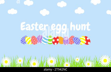Vektorabbildung. Bannerdesign für die Ostereierjagd. Blauer Hintergrund, Wolken, Gras, Gänseblümchen Ostereier Stock Vektor