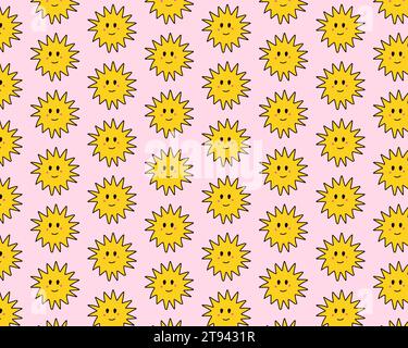 Niedliches, nahtloses Sonnenmuster im Doodle-Stil. Lustige Smiley-Gesichter. Vektorillustration auf rosafarbenem Hintergrund. Stock Vektor