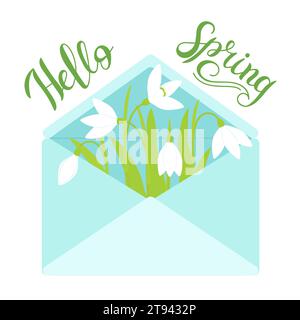 Handschrift Hello Spring. Schneeglöckchen in einem blauen Teppich. Stock Vektor