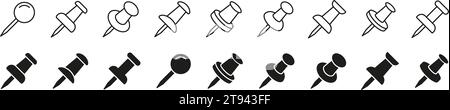 Drücken Sie die PIN-Symbolgruppe. Linear und Silhouette. Vektorabbildung. Stock Vektor