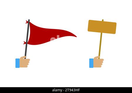 Menschliche Hand hält mit einer roten Flagge Vektor-Illustration und Holzplatte. Vektorabbildung Stock Vektor