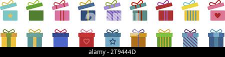 Symbolsatz Geschenkbox. Geschenkbox mit flachem Design. Vektorabbildung. Stock Vektor