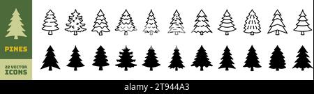 Symbolgruppe Pines. Linear und Silhouette. Vektorabbildung. Stock Vektor