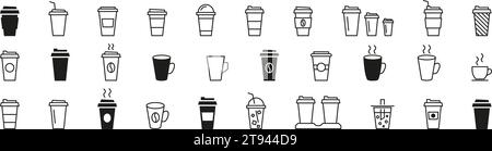 Symbolsatz für Kaffeetasse. Linear und Silhouette. Vektorabbildung. Stock Vektor