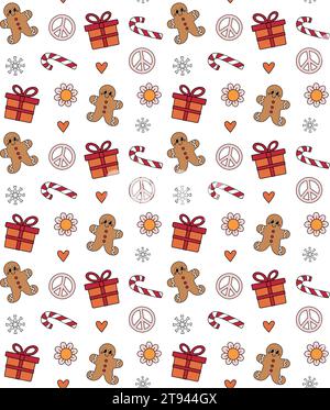 Nahtloses Vektor-Muster von groovigen Retro-Zeichentrickfilm-Weihnachtselementen isoliert auf weißem Hintergrund Stock Vektor