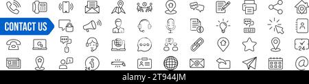 Symbolgruppe „Kontakt“. Lineare Ausführung. Vektorabbildung. Stock Vektor