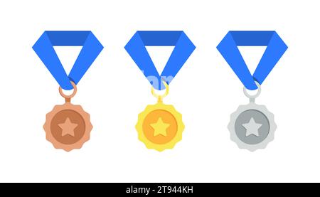 Medaillenabzeichen aus Gold, Silber und Bronze. Eine Reihe von Medaillen. Vektorsatz. Stock Vektor