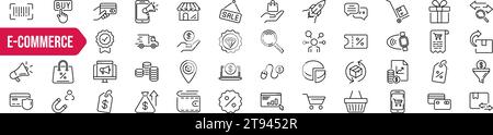 E-Commerce-Symbolgruppe. Lineare Symbolgruppe einkaufen. Vektorabbildung. Stock Vektor