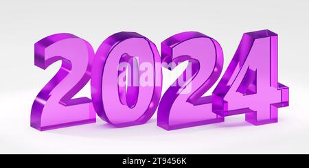 Luxuriöse Inschrift aus violettem Glas 2024 auf grauem Podium, sanftes Licht, Vorderansicht glatter Hintergrund, 3D-Rendering Stockfoto