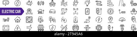 Symbole für Elektrofahrzeuge eingestellt. Ladeschilder gesetzt. Lineare Ausführung. Vektorabbildung. Stock Vektor