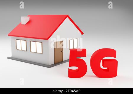 Beschriftung rot 5 g auf grauem Podium, weiches Licht, Vorderansicht mit glattem Hintergrund, 3D-Rendering Stockfoto