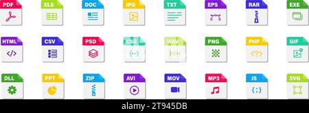 Flache Symbolgruppe für Dateiformat. Symbolgruppe für Beschriftungen für Webdateien. Vektorabbildung. Stock Vektor