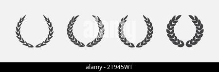 Set aus kreisförmigem Lorbeerblatt und Kränzen in schwarz-weißer Silhouette. Vektorabbildung Stock Vektor