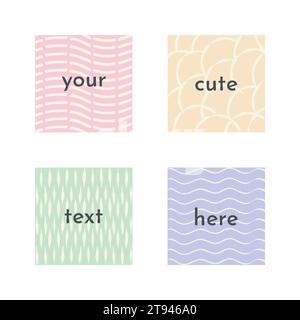 Hintergrundvorlagen festgelegt, quadratische geometrische Formen. Doodle-Stil, handgezeichneter Pinsel, Kritzelstriche, Ornamente, Pastelltöne. Leerer Text Stock Vektor