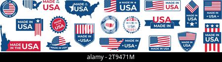 Set mit „Made in USA“-Abzeichen. Amerikanische Etiketten. Patriotisches Logo oder Stempel. Vektorabbildung. Stock Vektor