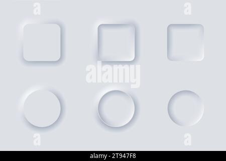 Neumorphismus Button Design Set Vektor Illustration. Weiße elegante neomorphe Tasten. Vektorabbildung Stock Vektor