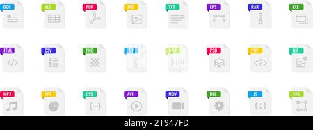 Symbolgruppe Dateityp. Vektorsatz für Symbole für Dokumentdateien. Vektorabbildung. Stock Vektor