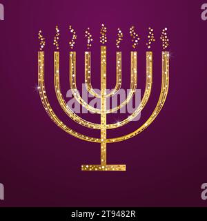 Goldene Kerze. Religiöses Symbol. Glitzerndes, glänzendes Design. Happy Hanukkah Social Media Poster. Menora-Vorlage. Kreative Grafik. Jüdische Tradition Stock Vektor