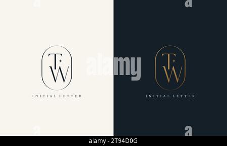 Premium-TW-Logo-Monogramm mit goldfarbenem Rundrahmen. Luxuriöse Initialen im minimalen modernen Stil. Stock Vektor