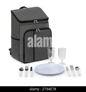 Große Kapazität Canvas Lunch Picknick Schultertaschen Rucksack mit Rädern für Rucksack Set für 4 Personen auf weißem Hintergrund mit Schneideweg. Stockfoto