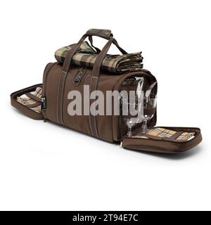 Große Kapazität Canvas Lunch Picknick Schultertaschen Rucksack mit Rädern für Rucksack Set für 4 Personen auf weißem Hintergrund mit Schneideweg. Stockfoto