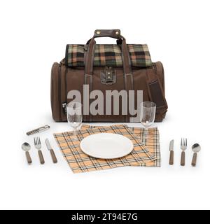 Große Kapazität Canvas Lunch Picknick Schultertaschen Rucksack mit Rädern für Rucksack Set für 4 Personen auf weißem Hintergrund mit Schneideweg. Stockfoto