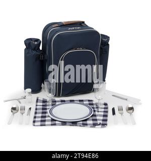 Große Kapazität Canvas Lunch Picknick Schultertaschen Rucksack mit Rädern für Rucksack Set für 4 Personen auf weißem Hintergrund mit Schneideweg. Stockfoto