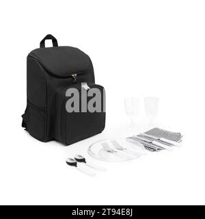 Große Kapazität Canvas Lunch Picknick Schultertaschen Rucksack mit Rädern für Rucksack Set für 4 Personen auf weißem Hintergrund mit Schneideweg. Stockfoto