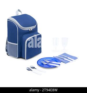 Große Kapazität Canvas Lunch Picknick Schultertaschen Rucksack mit Rädern für Rucksack Set für 4 Personen auf weißem Hintergrund mit Schneideweg. Stockfoto