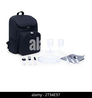 Große Kapazität Canvas Lunch Picknick Schultertaschen Rucksack mit Rädern für Rucksack Set für 4 Personen auf weißem Hintergrund mit Schneideweg. Stockfoto