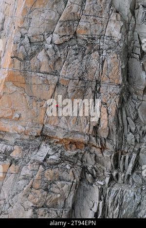 Chamonix, Frankreich - 25. August 2023: Ein einzelner Kletterer, der mit einem Seilseil gesichert ist und an der großen vertikalen Felswände der Alpen in greift Stockfoto