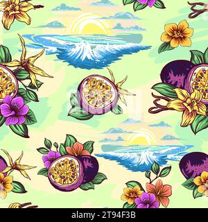 Abstraktes, nahtloses Muster der paradiesischen Insel. Tropisches Muster mit Sonnenuntergang Meer und Blumen, exotischen Früchten, Vanillefrüchten und Schoten, Grunge Pinselstrichen Stock Vektor