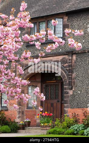 Detail eines Cottages im Sonnenlicht von Port, mit einem blühenden Kirschbaum im Vordergrund. Stockfoto