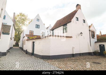 Historisches Zentrum von Begijnhof in Kortrijk mit dem Glockenturm von Courtrai im Hintergrund. Eine Sammlung von Einzelhäusern und/oder Gemeinschaftshäusern, Häusern und Stockfoto