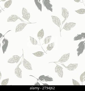 Nahtloses Hintergrundmuster des Herbstblatts. Herbsthintergrund mit Blättern auf neutralem ecrubeigem Hintergrund. Verstreute Zweige auf dem ganzen Druck Stock Vektor