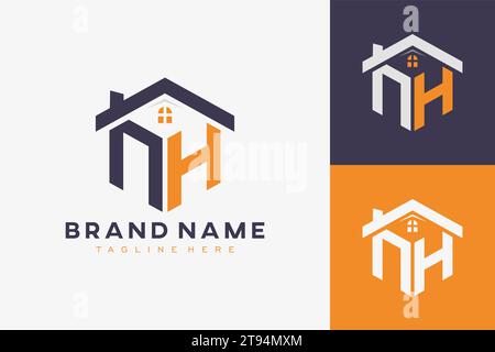 Sechseckiges NH-Haus-Monogramm-Logo für Immobilien, Immobilien, Bauunternehmen. Box-förmige Initiale mit fav-Symbolen Vektorgrafik templ Stock Vektor