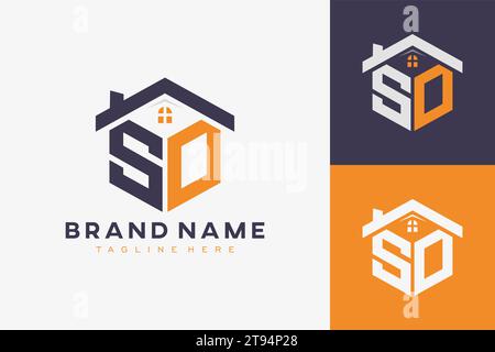 Hexagon SO House Monogramm Logo für Immobilien, Immobilien, Bauunternehmen Identität. Box-förmige Initiale mit fav-Symbolen Vektorgrafik templ Stock Vektor