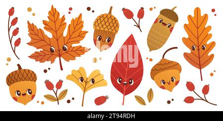 Niedliche Zeichentrickblätter und Eicheln Vektor-Illustration. Eiche, Eichel, Baumblätter. Naturdruck im skandinavischen Stil Stock Vektor