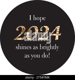 „Happy 2024 Silvester“-Banner mit Zahlen auf goldenem Paillettenhintergrund und Text auf rundem schwarzem Hintergrund Stock Vektor