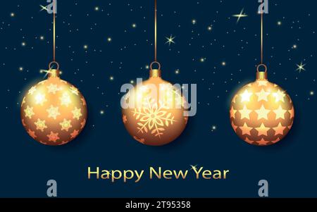 Die goldenen Silvesterbälle auf blauem Hintergrund. Weihnachtsbanner. Stock Vektor
