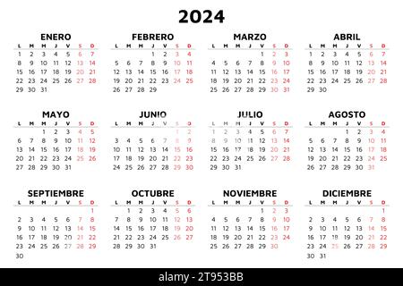 spanischer Kalender 2024. Einfache Vektorvorlage Illustration in Spanien. Horizontal. Planen Sie Ihr Jahr Stock Vektor