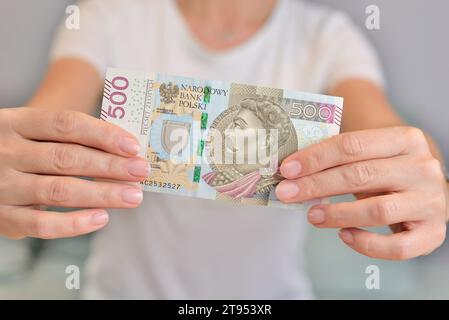 Polnisches Geld in der Hand einer Frau. Stockfoto