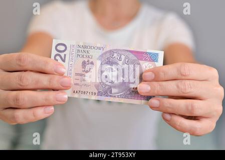 Polnisches Geld in der Hand einer Frau. Stockfoto