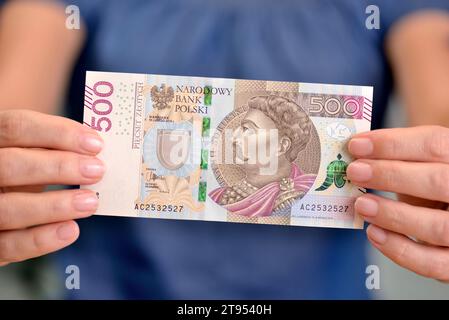 Polnisches Geld in der Hand einer Frau. Stockfoto